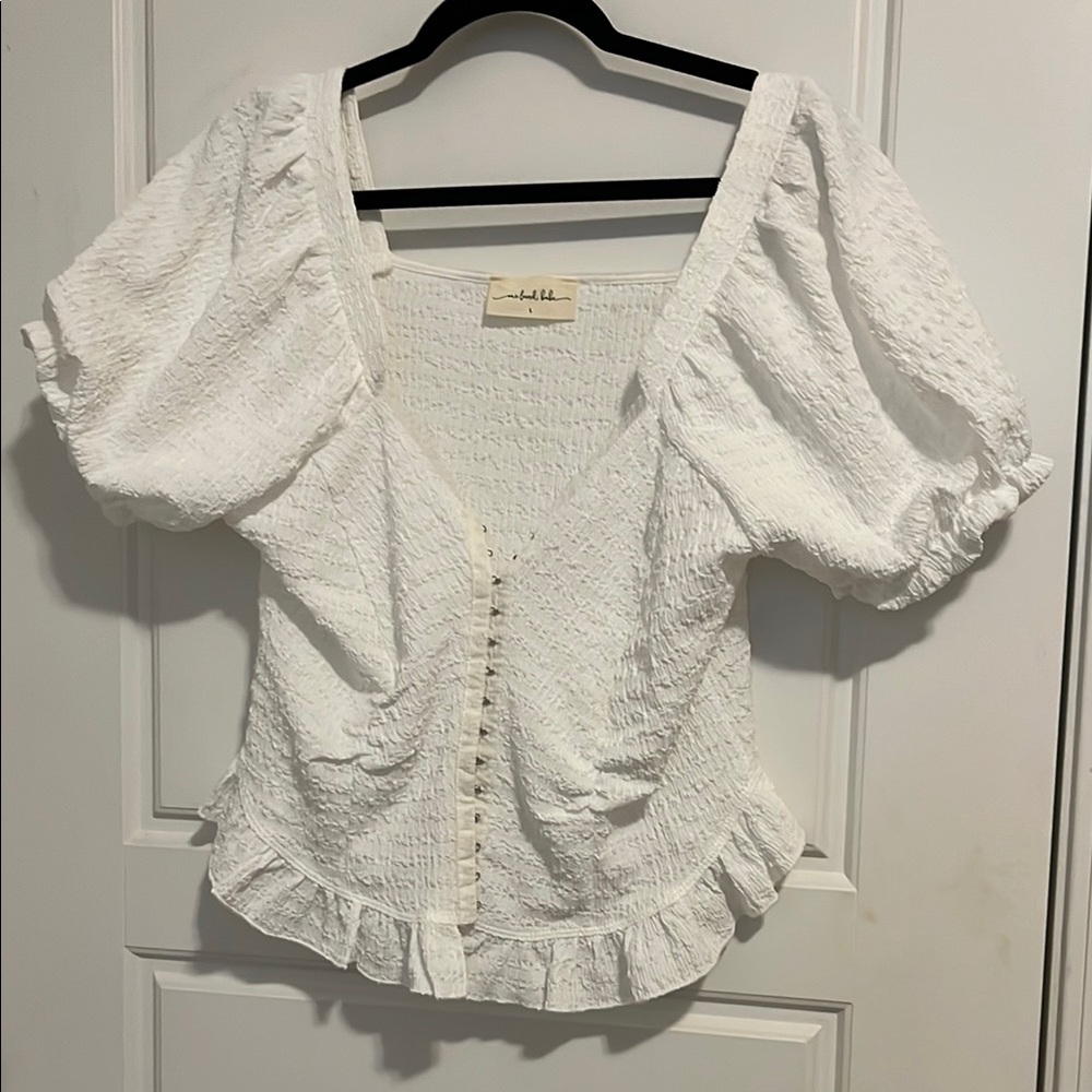 One Loved Babe White Ruched Puff Sleeve Blouse